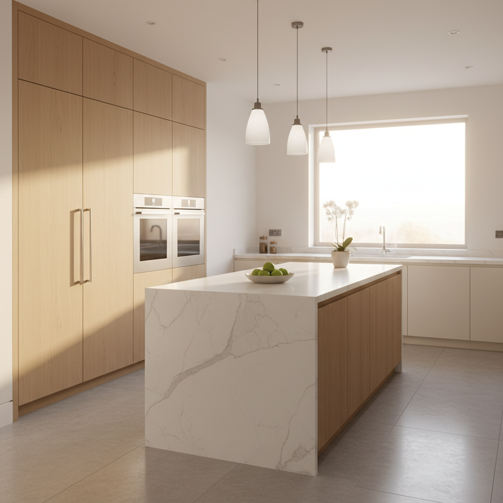 Upscale kitchen with integrated refrigerator and wall oven